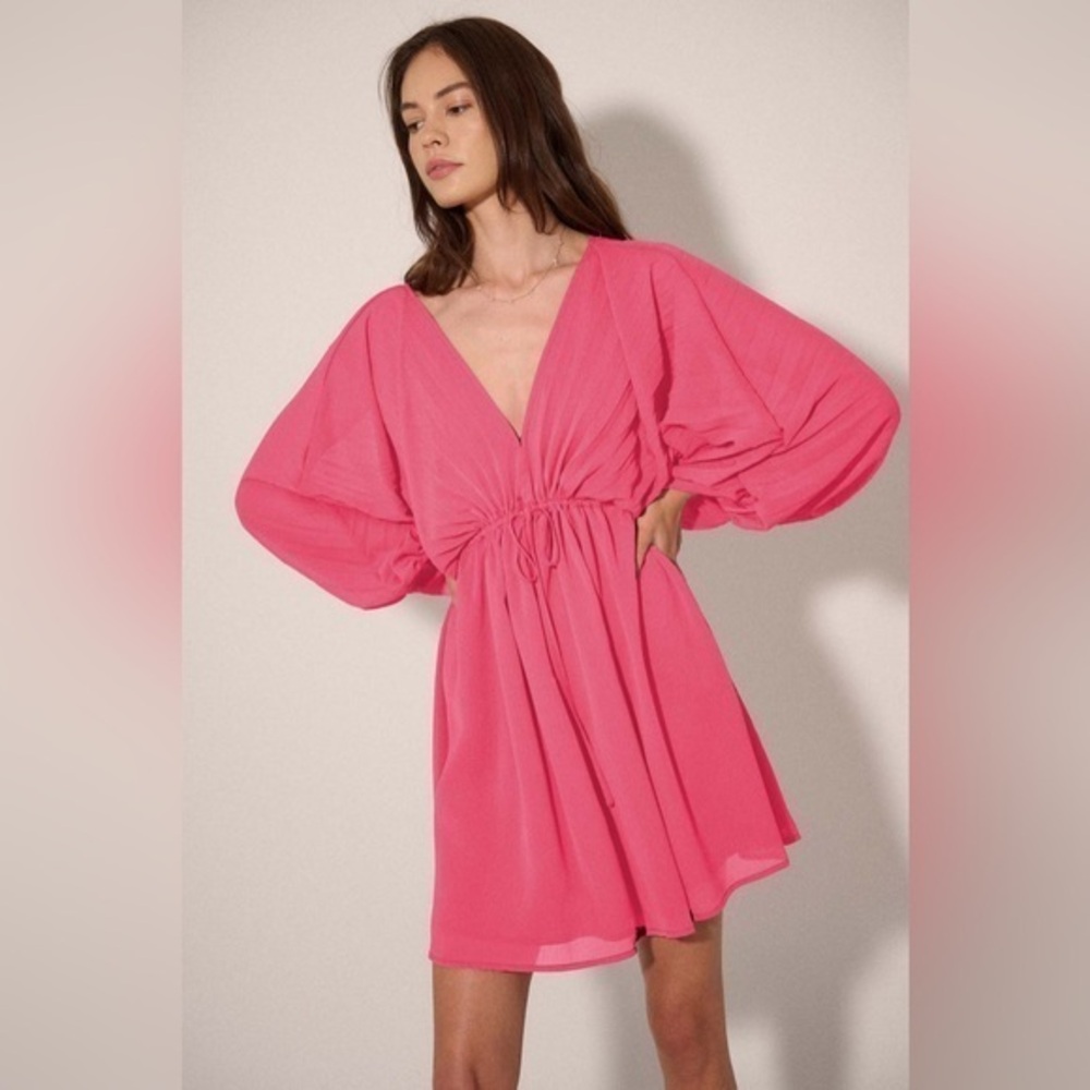 Promesa Ripple Effect Accordion Pleated Kimono Mini Dress bubble gum size small